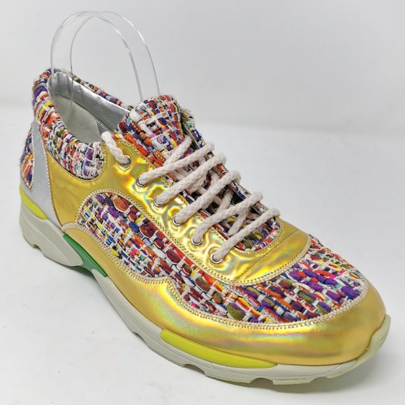 CHANEL Tweed Rainbow Metallic Gold  & Silver Trim Lace Up Sneakers - Picture 1 of 9